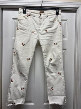 Driftwood Candace Women's White & Pink Floral Embroidered Jeans Raw Hem 31